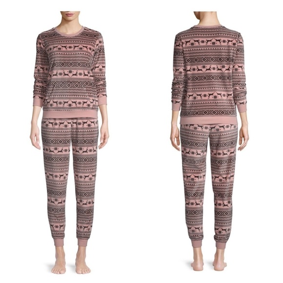 New Womens 2 Piece Pajama Set PJs Deer Fairisle Size XL - Picture 1 of 13